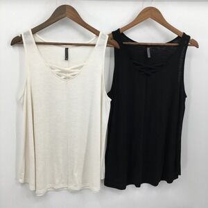 Massini Crisscross V-Neck Tank Top Bundle Womens L Black Cream Resort Vacation